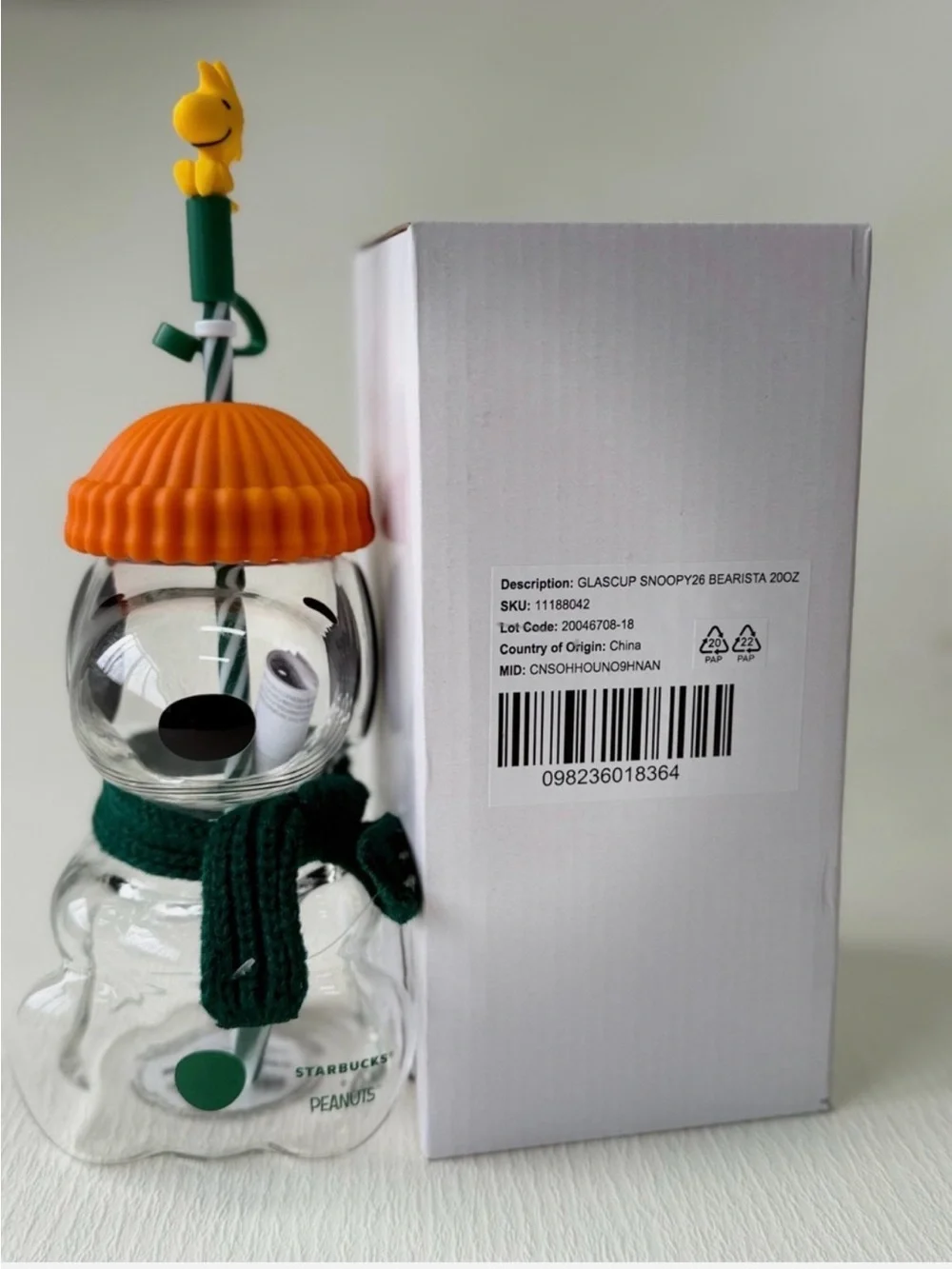 Clear Snoopy-Style Glass Dog Water Bottle with Orange Beanie and Green Scarf